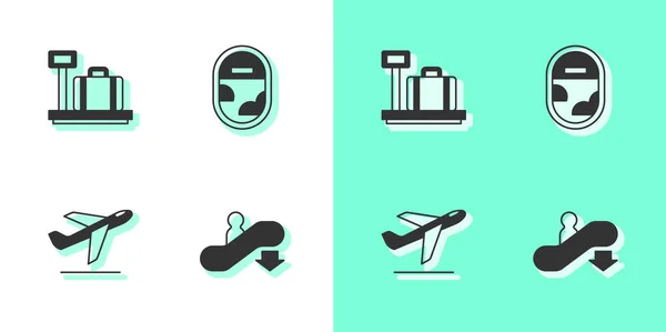 Set Escalator down, Scale with suitcase, Plane takeoff and Airplane window icon. Vector — Image vectorielle