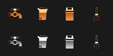 Set Water tap, Trash can, and Handle broom icon. Vector