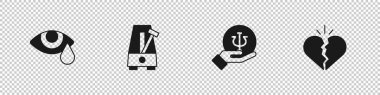 Set Tear cry eye, Metronome with pendulum, Psychology, Psi and Broken heart or divorce icon. Vector