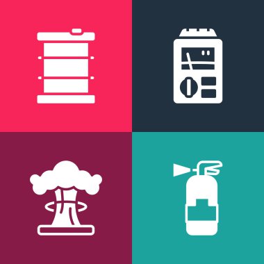 Set pop art Fire extinguisher, Nuclear explosion, Dosimeter and Radioactive waste barrel icon. Vector
