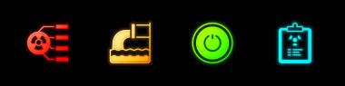 Set Radioactive, Wastewater, Power button and Radiation warning document icon. Vector