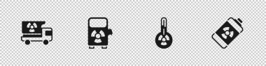 Set Truck with radiation materials, Electric car charging station, Meteorology thermometer and Nuclear energy battery icon. Vector