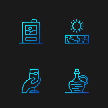 Set line Wine in italian fiasco bottle, tasting, degustation, Cardboard box of wine and Drought. Gradient color icons. Vector