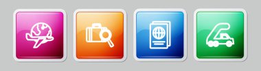 Set line Globe with flying plane, Lost baggage, Passport and Passenger ladder for boarding. Colorful square button. Vector