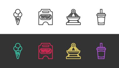 Set line Ice cream in waffle cone, Circus ticket, Boat swing and Paper glass with water on black and white. Vector