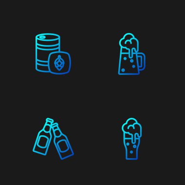 Set line Glass of beer, Beer bottle, Metal keg and Wooden mug. Gradient color icons. Vector