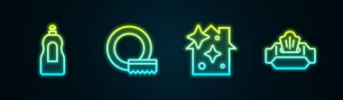 Set line Dishwashing liquid bottle, Washing dishes, Home cleaning service and Wet wipe pack. Glowing neon icon. Vector