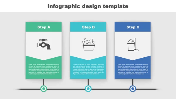 Set Water tap, Basin with soap suds and Mop and bucket. Business infographic template. Vector — Stock Vector