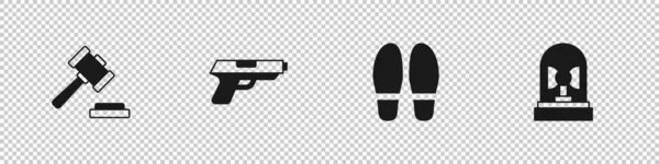 Set Judge gavel, Pistol or gun, Footsteps and Flasher siren icon. Vector — Vetor de Stock