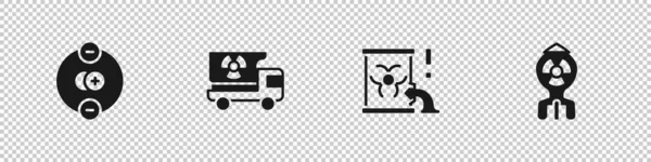 Set Atom, Truck with radiation materials, Radioactive waste in barrel and Nuclear bomb icon. Vector — ストックベクタ