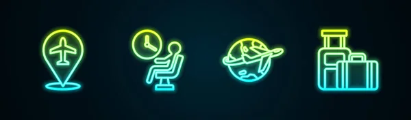 Set line Plane, Human waiting in airport terminal, Globe with flying plane and Suitcase. Glowing neon icon. Vector — 图库矢量图片