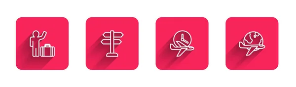 Set line Tourist with suitcase, Road traffic sign, Flight time and Globe flying plane with long shadow. Red square button. Vector — Vetor de Stock