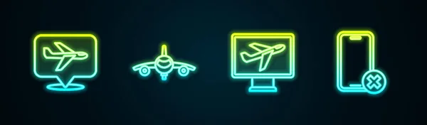Set line Plane, , and No cell phone. Glowing neon icon. Vector — Stok Vektör