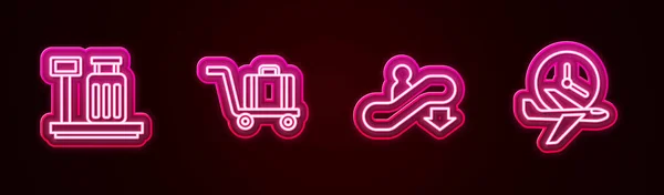 Set line Scale with suitcase, Trolley baggage, Escalator down and Flight time. Glowing neon icon. Vector — Stock Vector