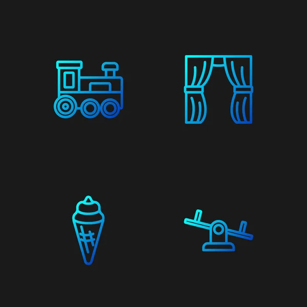 Set line Seesaw, Ice cream in waffle cone, Toy train and Circus curtain raises. Gradient color icons. Vector — Stockový vektor