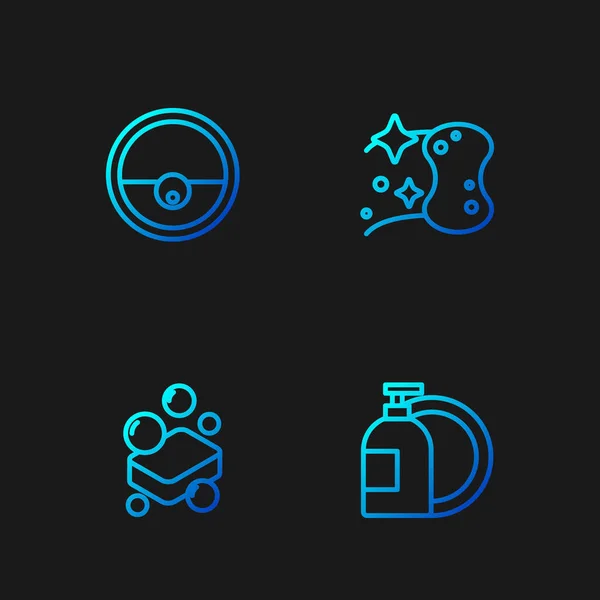 Set line Dishwashing liquid bottle, Bar of soap, Robot vacuum cleaner and Sponge. Gradient color icons. Vector — Vettoriale Stock