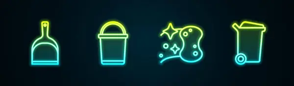 Set line Dustpan, Bucket, Sponge and Trash can. Glowing neon icon. Vector — Vetor de Stock