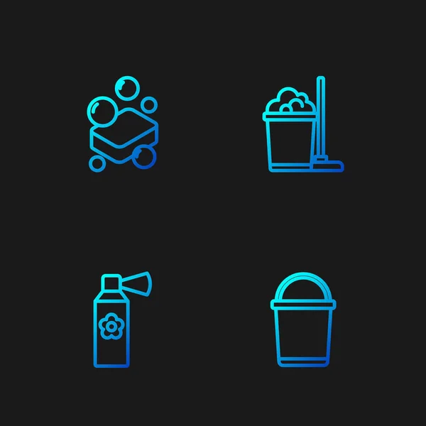 Set line Bucket, Air freshener spray bottle, Bar of soap and Mop and bucket. Gradient color icons. Vector — 스톡 벡터