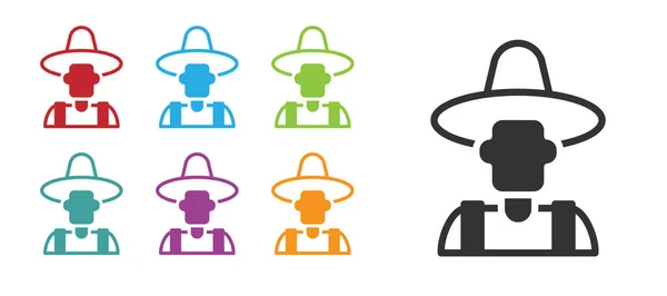 Granjero negro en el icono del sombrero aislado sobre fondo blanco. Establecer iconos de colores. Vector — Vector de stock