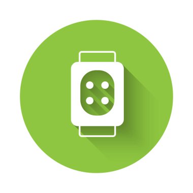 Beyaz dizlik simgesi uzun gölge arkaplanı ile izole edildi. Olağanüstü bir spor. Kaykay, bisiklet, paten kayma koruyucu giysi. Yeşil daire düğmesi. Vektör