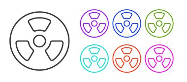 Siyah çizgi Radyoaktif simgesi beyaz arkaplanda izole edildi. Radyoaktif zehirli sembol. Radyasyon tehlikesi işareti. Simgeleri renklendirin. Vektör