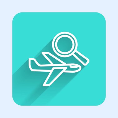 Beyaz çizgi uçak arama ikonu uzun gölge arkaplan izole. Yeşil kare düğmesi. Vektör