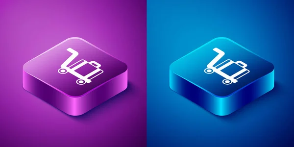 Isometric Trolley suitcase icon isolated on blue and purple background. Traveling baggage sign. Travel luggage icon. Square button. Vector — Stock Vector