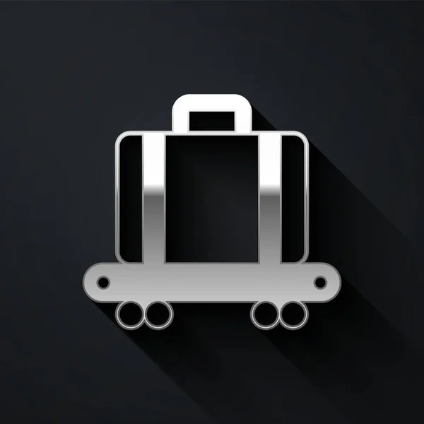 Nastro trasportatore Silver Airport con bagaglio passeggeri, valigia, borsa, icona bagaglio isolata su sfondo nero. Lungo stile ombra. Vettore — Vettoriale Stock