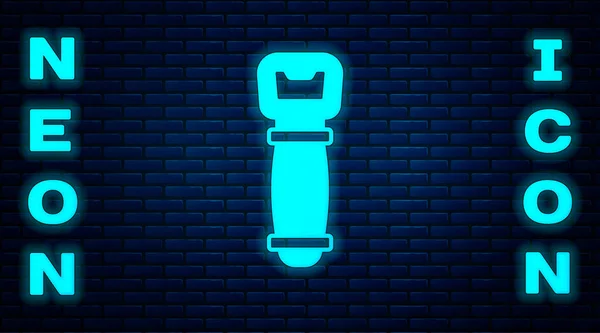 Glowing neon Bottle opener icon isolated on brick wall background. Vector — Stock Vector