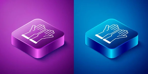 Isometric mănuși de cauciuc icon izolat pe fundal albastru și violet. Latex mână de protecție semn. Simbolul echipamentelor de curățare a locuințelor. Buton pătrat. Vector — Vector de stoc