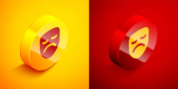 Isometric Drama theatrical mask icon isolated on orange and red background. Circle button. Vector — Stockový vektor