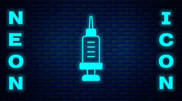 Glowing neon Addiction to the drug icon isolated on brick wall background. Heroin, narcotic, addiction, illegal. Sick junkie with a syringe and medical pills. Vector — Stockvector