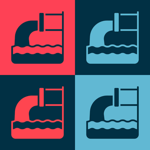 Иконка сточных вод поп-арта изолирована на цветном фоне. Канализационная труба. Из воды, текущей в реку. Вектор