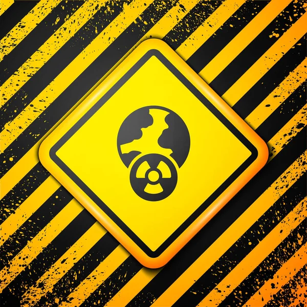 Black Planet earth and radiation symbol icon isolated on yellow background. Environmental concept. Warning sign. Vector — Stockvector