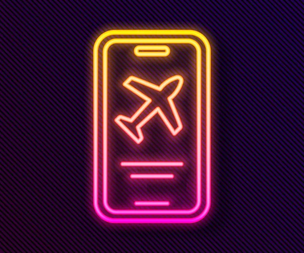 Línea de neón brillante Smartphone con tarjeta de embarque electrónica icono de billete de avión aislado en el fondo negro. Pasajero billete de avión móvil para web y aplicación. Vector — Archivo Imágenes Vectoriales