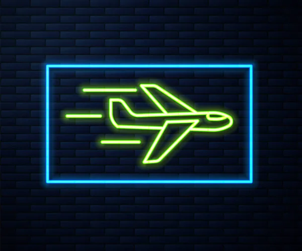 Icono plano de línea de neón brillante aislado en el fondo de la pared de ladrillo. Icono del avión volador. Firma del avión. Vector — Vector de stock