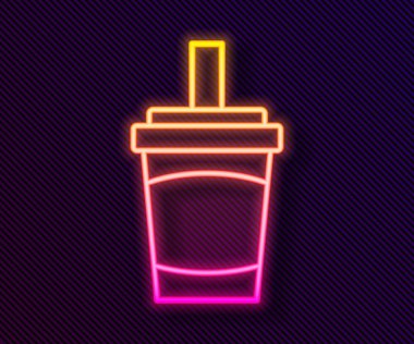 Siyah zemin üzerinde saman ve su ikonu olan parlak neon şeritli kağıt bardak. Soda bardağı. Taze soğuk içecek sembolü. Vektör