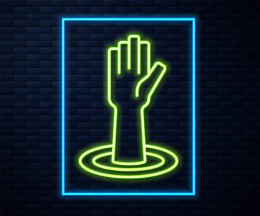Parlayan neon hattı tuğla duvar arka planında el simgesine yardımcı oluyor. Vektör