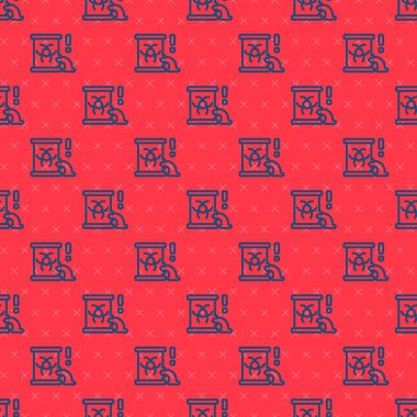 Fıçı ikonundaki mavi çizgi radyoaktif atık kırmızı arka planda izole edilmiş. Radyoaktif ve zehirli maddeli fıçı dökülüyor. Vektör