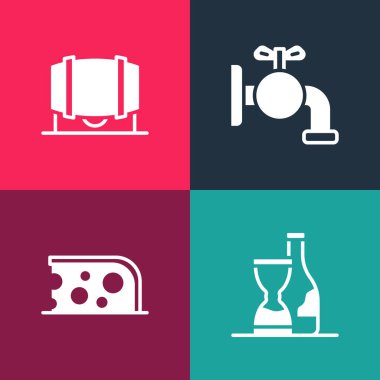 Bir şişe şarap, peynir, fıçı için musluk ve ahşap ikon hazırla. Vektör