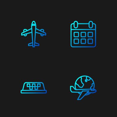 Hat Globe 'u uçan uçakla, Taxi araba çatısıyla, Uçak ve Takvim ve uçakla ayarlayın. Renk simgeleri. Vektör