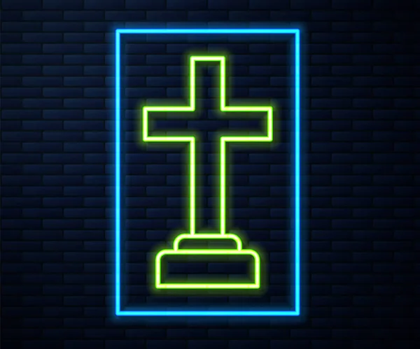 Glowing neon line Man graves funeral sorrow icon isolated on brick wall background. The emotion of grief, sadness, sorrow, death. Vector — Stock Vector