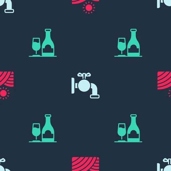 Set Vineyard wine grapes, Tap for barrel and Wine bottle with glass on seamless pattern. Vector — Wektor stockowy