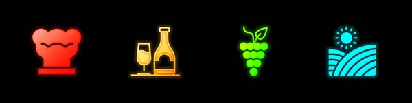 Şef şapkası, camlı şarap şişesi, bir demet üzüm ve üzüm bağı ikonu. Vektör — Stok Vektör
