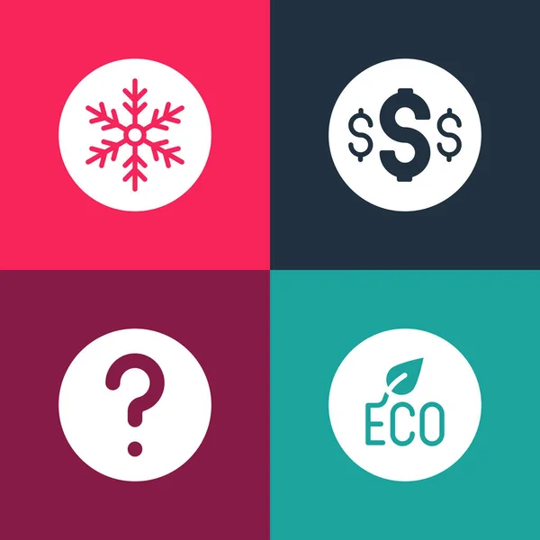 Set pop art Hoja Eco símbolo, Búsqueda desconocida, Dólar y copo de nieve icono. Vector — Vector de stock