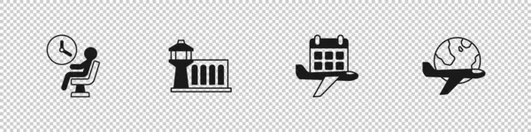 Mensch wartet im Flughafenterminal, Flughafen-Kontrollturm, Kalender und Flugzeug und Globus mit fliegendem Symbol. Vektor — Stockvektor