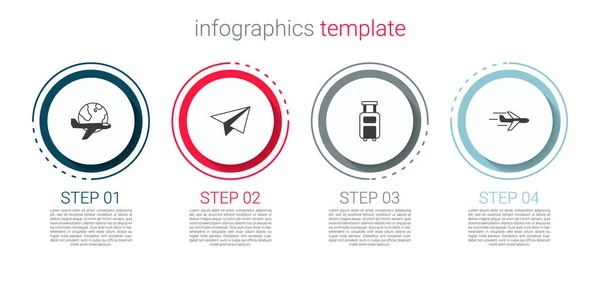 Set Globe avec avion volant, avion en papier, valise et avion. Modèle d'infographie d'entreprise. Vecteur — Image vectorielle