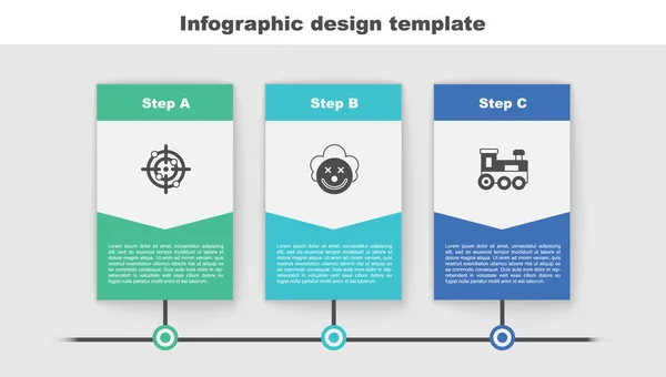 Establece el deporte objetivo, la cabeza de payaso y el tren de juguete. Plantilla de infografía empresarial. Vector — Archivo Imágenes Vectoriales