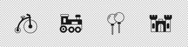 Set Vintage bicycle, Toy train, Balloons with ribbon and Castle icon. Vector — Stockvector