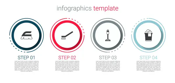 Set Cepillo para limpieza,, aspiradora y cubo con espuma. Plantilla de infografía empresarial. Vector — Vector de stock